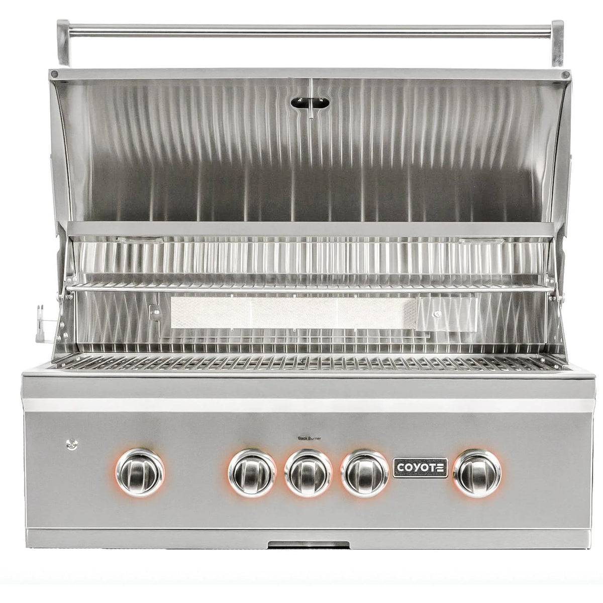 Coyote S-Series 36 Inch Built-In 4-Burner Grill with Rapid sear Infrared Burner Hood Cover Open