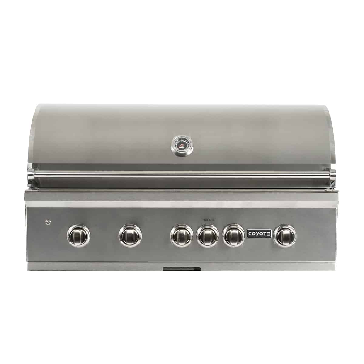 Coyote S-Series 42 Inch Built-In 5-Burner Grill with LED Lights and Rapidsear Infrared Burner Front Hood Cover Closed
