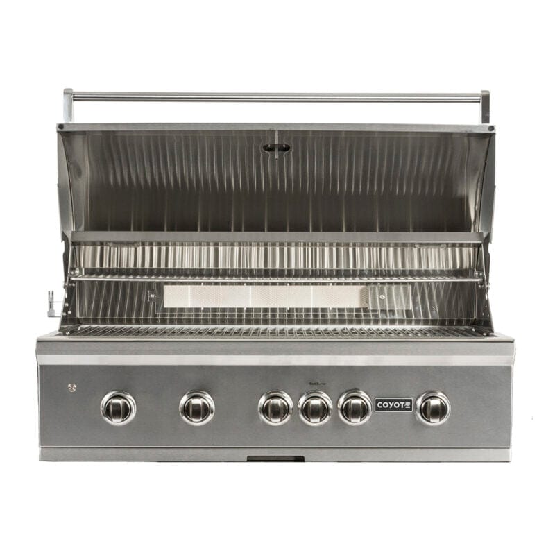 Coyote S-Series 42 Inch Built-In 5-Burner Grill with LED Lights and Rapidsear Infrared Burner Open Hood Cover