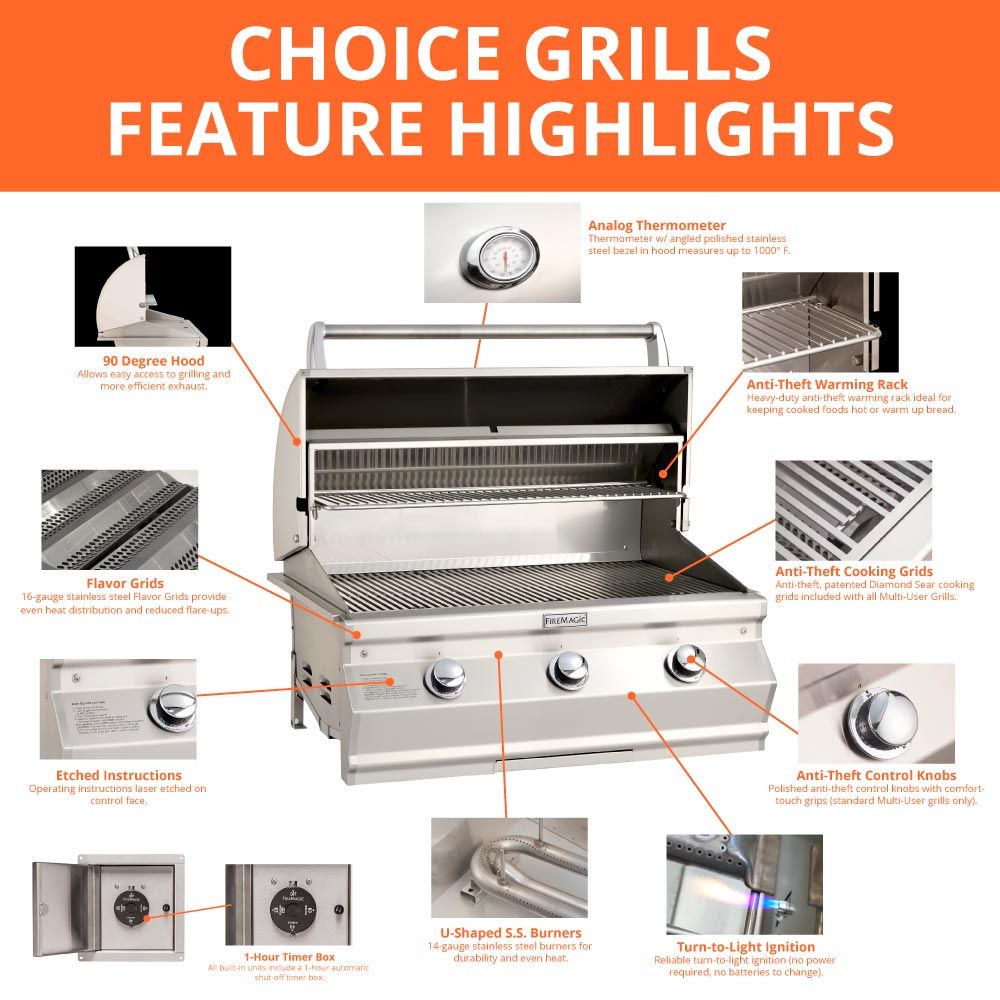 Fire Magic Choice Muilt-User 36 Inch 3 Burner Built-In Gas Grill with Analog Thermometer
