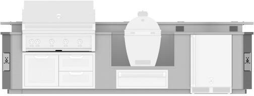 Hestan 12-Foot Outdoor Living Suite with Stainless Countertop, Bar, Cutout for Kamado Grill and Bellybar with Foot Rail Front View