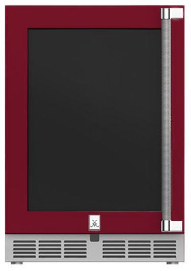 Hestan 24-Inch Outdoor Rated Dual Zone Refrigerator with Glass Door and Wine Storage Left Hinge Front View Burgundy