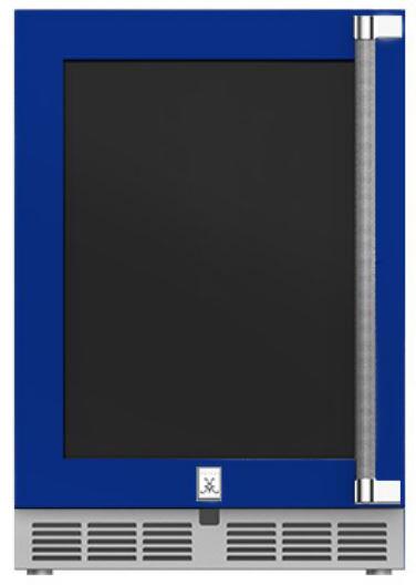 Hestan 24-Inch Outdoor Rated Dual Zone Refrigerator with Glass Door and Wine Storage Left Hinge Front View Blue