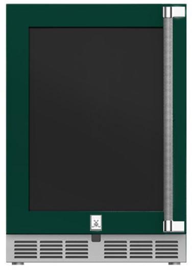 Hestan 24-Inch Outdoor Rated Dual Zone Refrigerator with Glass Door and Wine Storage Left Hinge Front View Green