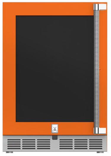 Hestan 24-Inch Outdoor Rated Dual Zone Refrigerator with Glass Door and Wine Storage Left Hinge Front View Orange