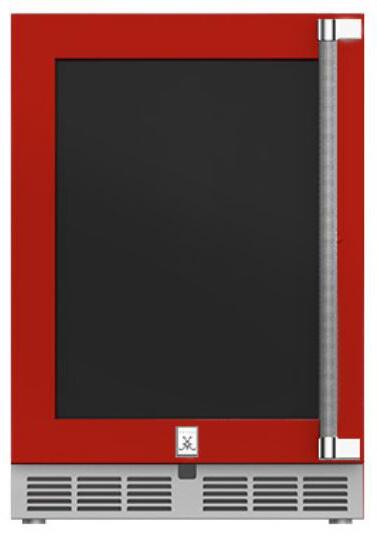 Hestan 24-Inch Outdoor Rated Dual Zone Refrigerator with Glass Door and Wine Storage Left Hinge Front View Red