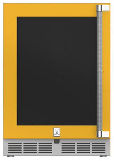 Hestan 24-Inch Outdoor Rated Dual Zone Refrigerator with Glass Door and Wine Storage Left Hinge Front View Yellow
