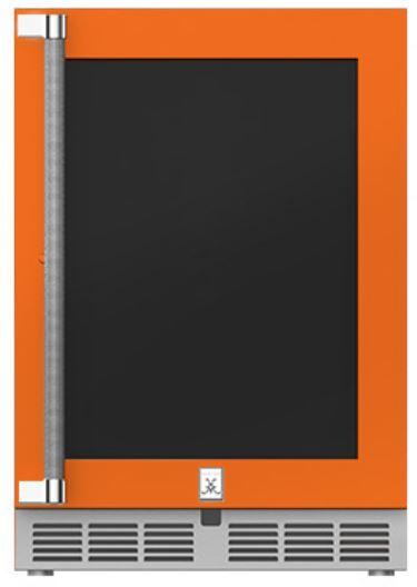 Hestan 24-Inch Outdoor Rated Dual Zone Refrigerator with Glass Door and Wine Storage Right Hinge Front View Orange