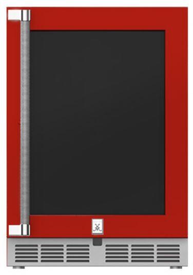 Hestan 24-Inch Outdoor Rated Dual Zone Refrigerator with Glass Door and Wine Storage Right Hinge Front View Red