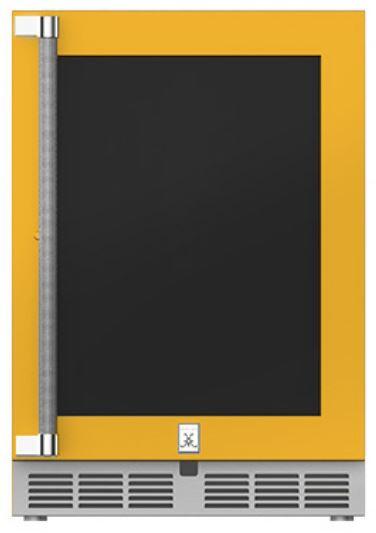 Hestan 24-Inch Outdoor Rated Dual Zone Refrigerator with Glass Door and Wine Storage Right Hinge Front View Yellow