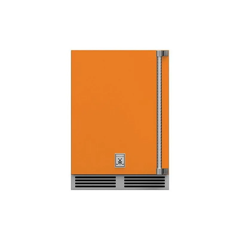 Hestan 24-Inch Outdoor Rated Dual Zone Refrigerator with Solid Door and Wine Storage Left Hinge Front View Orange