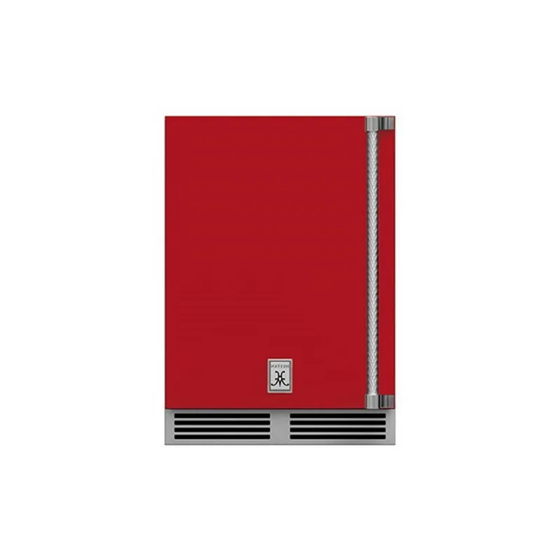 Hestan 24-Inch Outdoor Rated Dual Zone Refrigerator with Solid Door and Wine Storage Left Hinge Front View Red