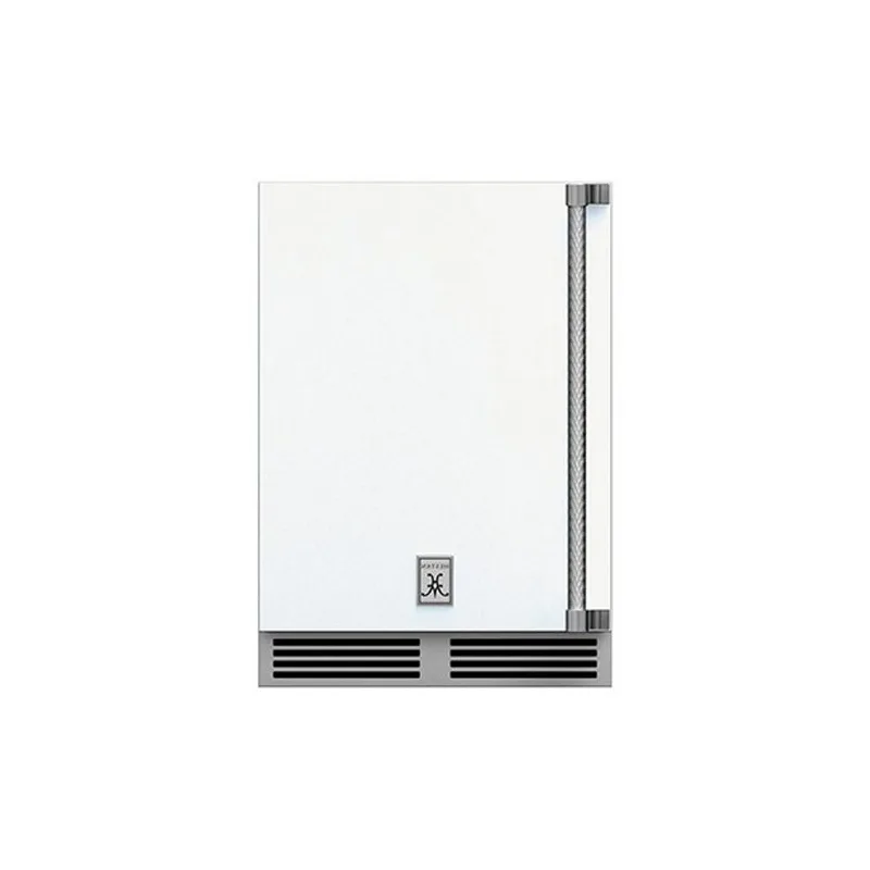 Hestan 24-Inch Outdoor Rated Dual Zone Refrigerator with Solid Door and Wine Storage Left Hinge Front View White