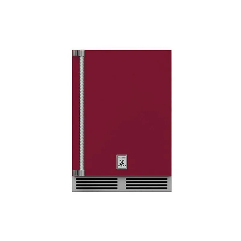 Hestan 24-Inch Outdoor Rated Dual Zone Refrigerator with Solid Door and Wine Storage Right Hinge Front View Burgundy