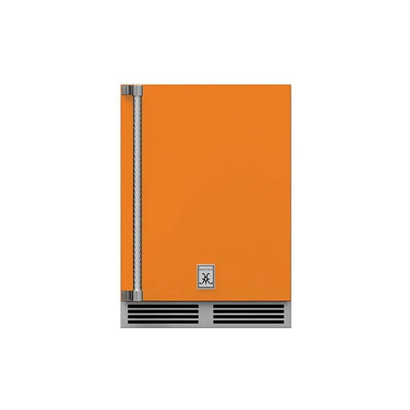 Hestan 24-Inch Outdoor Rated Dual Zone Refrigerator with Solid Door and Wine Storage Right Hinge Front View Orange