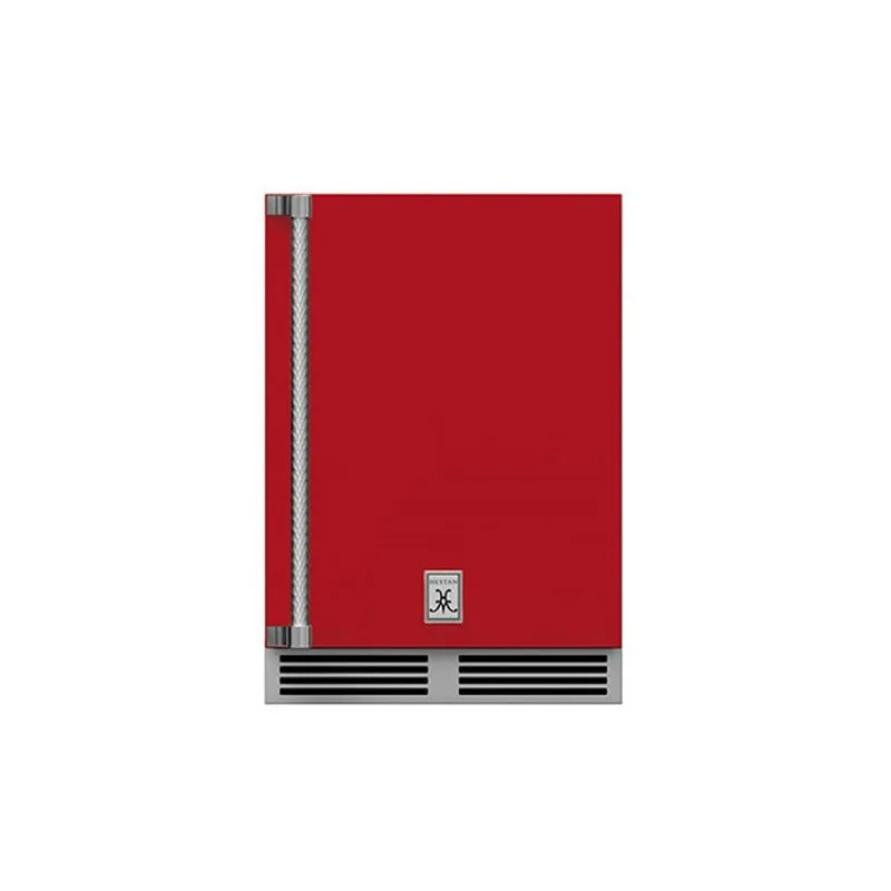 Hestan 24-Inch Outdoor Rated Dual Zone Refrigerator with Solid Door and Wine Storage Right Hinge Front View Red
