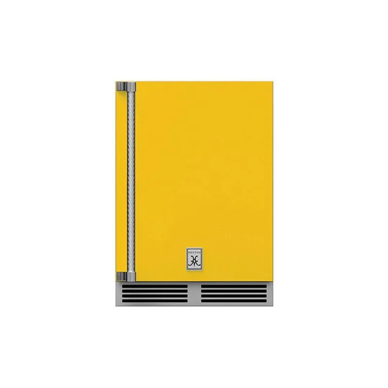 Hestan 24-Inch Outdoor Rated Dual Zone Refrigerator with Solid Door and Wine Storage Right Hinge Front View Yellow