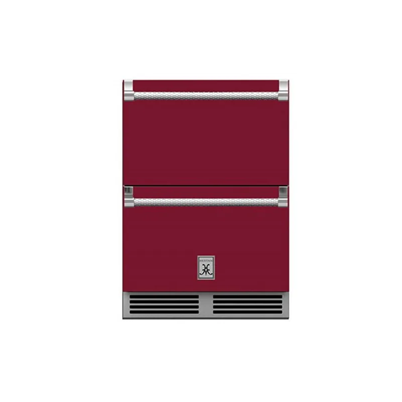 Hestan 24-Inch Outdoor Rated Refrigerator Drawers Front View Burgundy