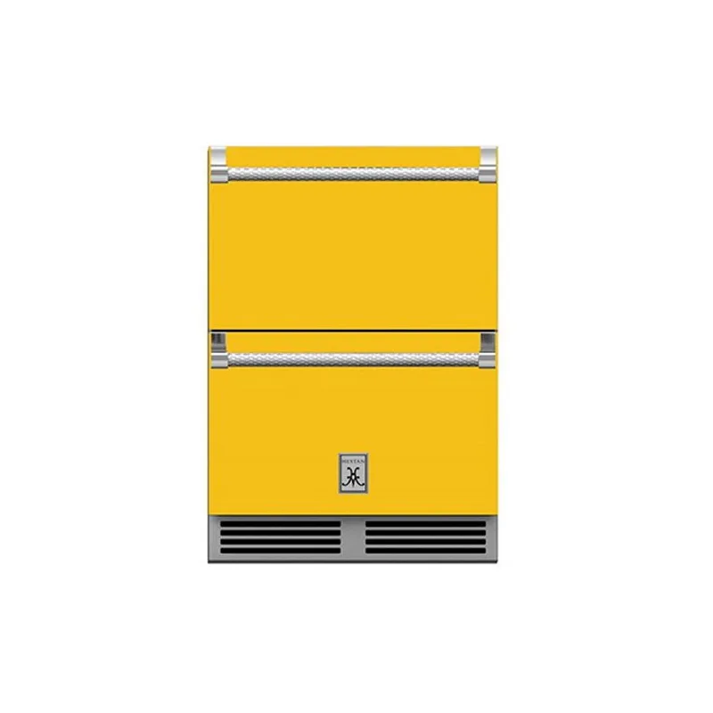 Hestan 24-Inch Outdoor Rated Refrigerator and Freezer Drawer Front View Yellow