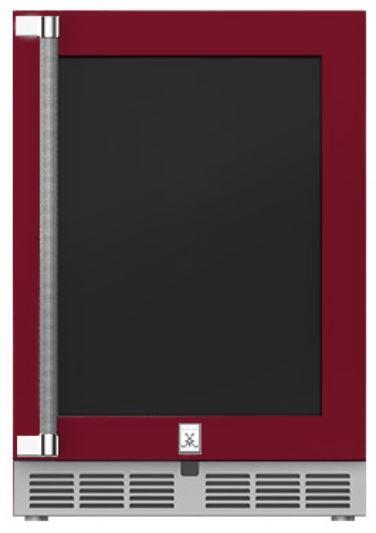 Hestan 24-Inch Outdoor Rated with Glass Door Compact Refrigerator Right Hinge Front View Burgundy