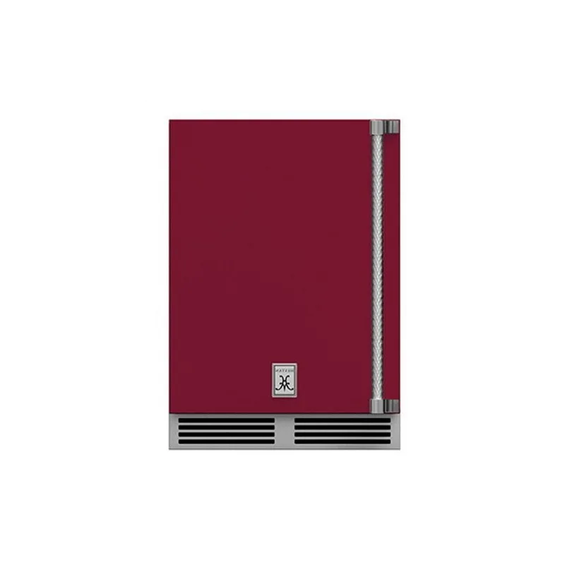 Hestan 24-Inch Outdoor Rated with Solid Door Compact Refrigerator Right Hinge Front View Burgundy