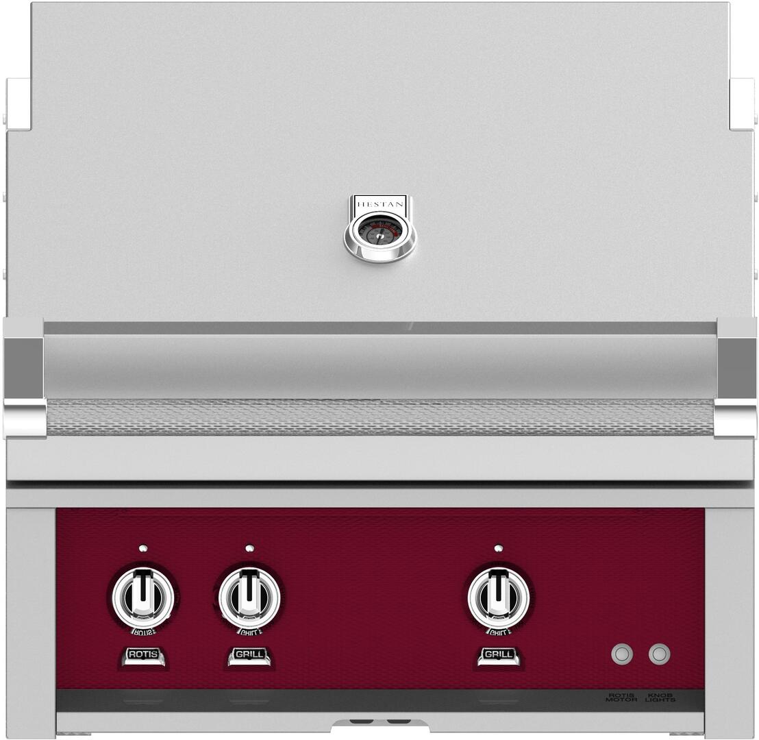 Hestan 30-Inch Built-In Gas Grill with Sear Burner and Rotisserie in burgundy color