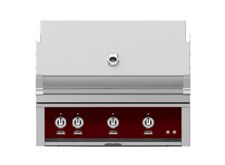 Hestan 36-Inch Built-In Gas Grill with All Infrared Burners and Rotisserie in burgundy color