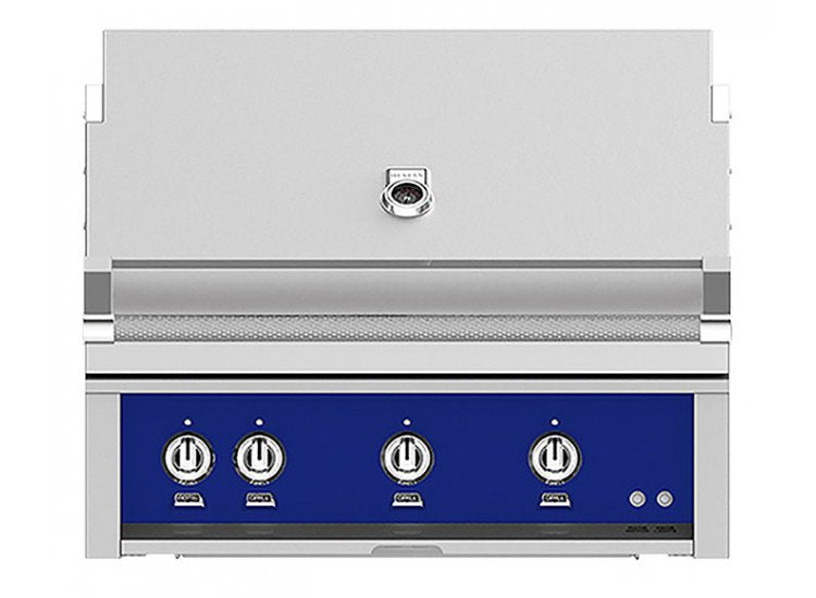 Hestan 36-Inch Built-In Gas Grill with All Infrared Burners and Rotisserie in blue color