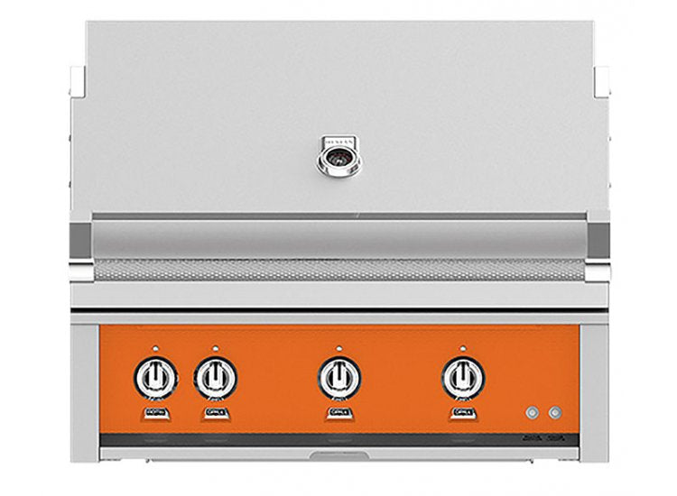 Hestan 36-Inch Built-In Gas Grill with All Infrared Burners and Rotisserie in orange color