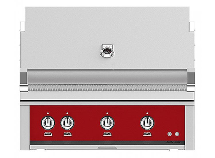 Hestan 36-Inch Built-In Gas Grill with All Infrared Burners and Rotisserie in red color