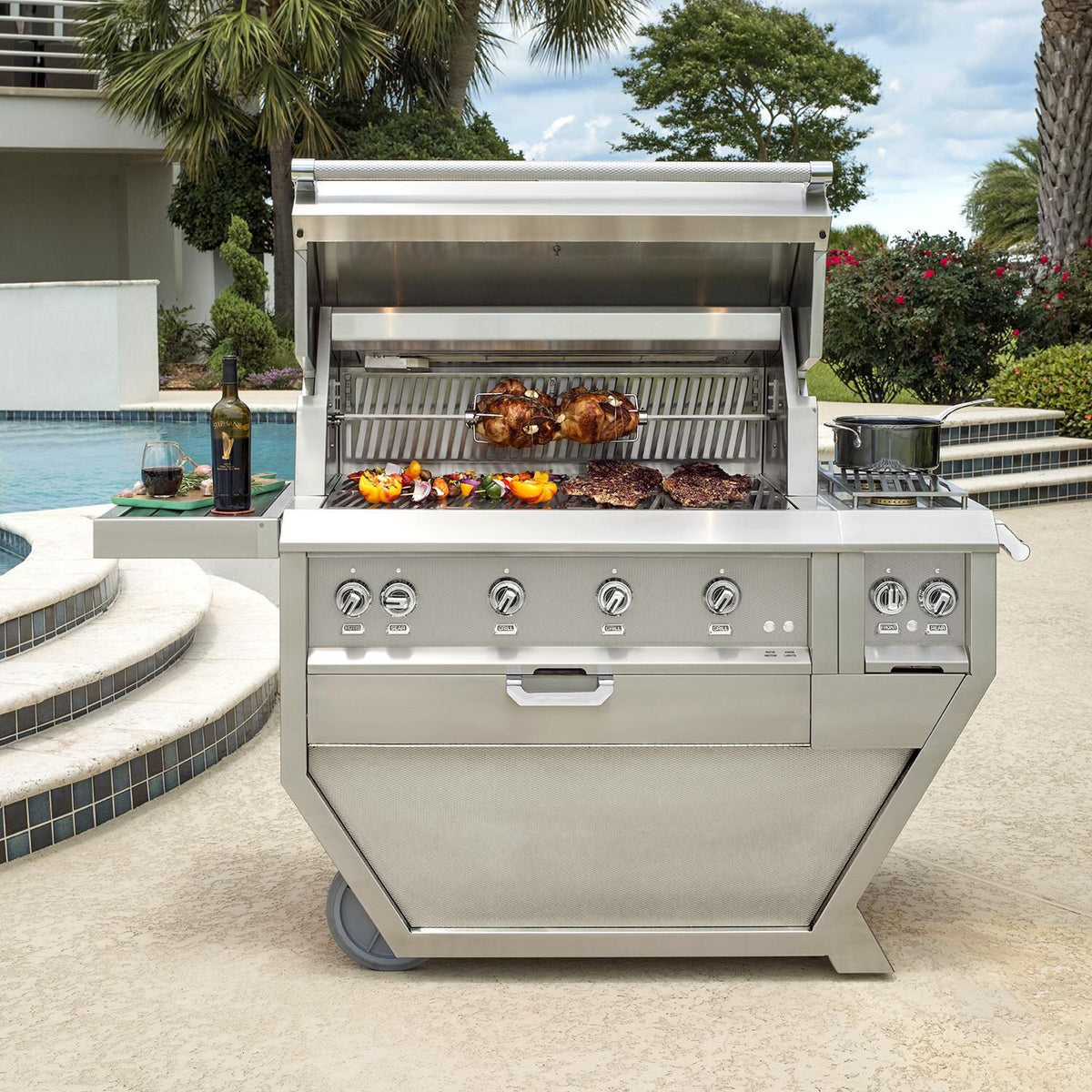 Hestan 36-Inch Deluxe Freestanding Gas Grill With Rotisserie And Double Side Burner - By The Pool