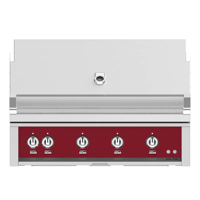 Hestan 42-Inch Built-In Gas Grill with Sear Burner and Rotisserie in burgundy color