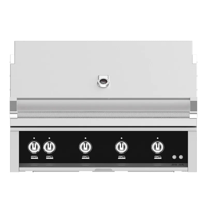 Hestan 42-Inch Built-In Gas Grill with Sear Burner and Rotisserie in black color