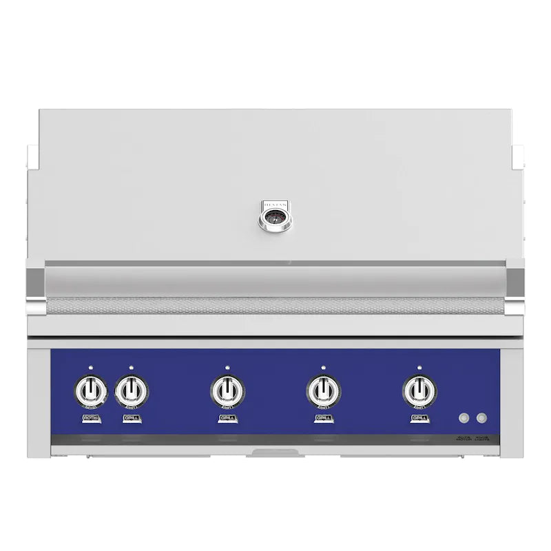 Hestan 42-Inch Built-In Gas Grill with Sear Burner and Rotisserie in blue color