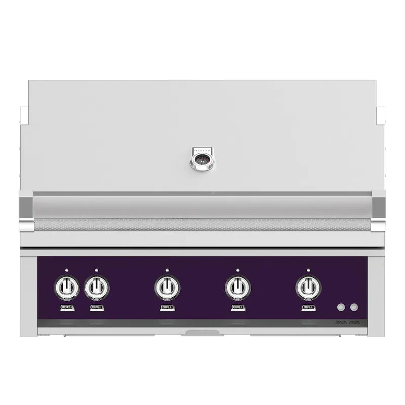 Hestan 42-Inch Built-In Gas Grill with Sear Burner and Rotisserie in purple color