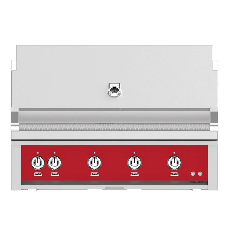 Hestan 42-Inch Built-In Gas Grill with Sear Burner and Rotisserie in red color