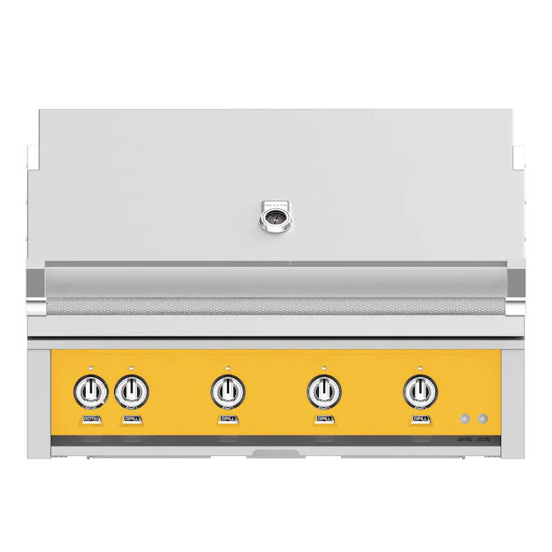 Hestan 42-Inch Built-In Gas Grill with Sear Burner and Rotisserie in yellow color