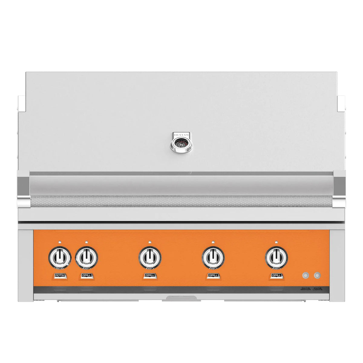 Hestan 42-Inch Built-In Gas Grill with All Infrared Burners and Rotisserie in orange  color