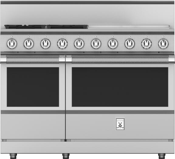 Hestan 48 Inch 4 Burner with 24 Inch Griddle All Gas Double Oven Range Front View