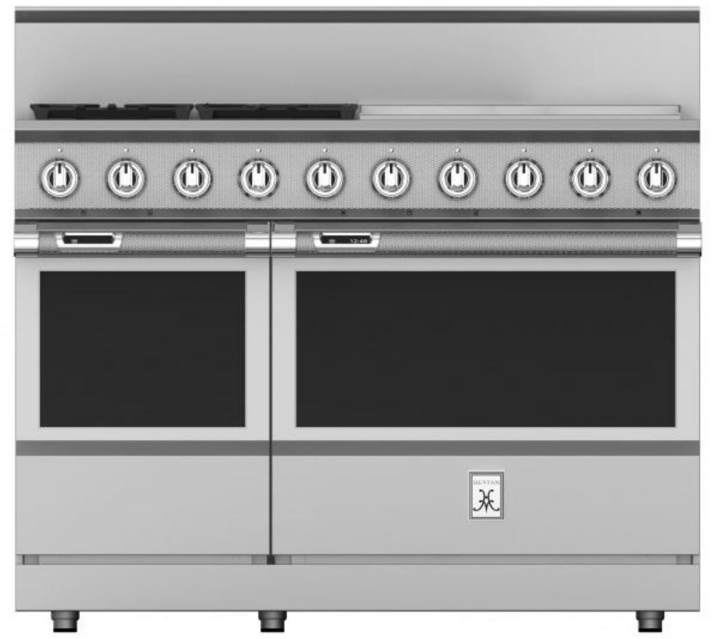 Hestan 48 Inch 4 Burner with 24 Inch Griddle Dual Fuel Double Oven Range Front View