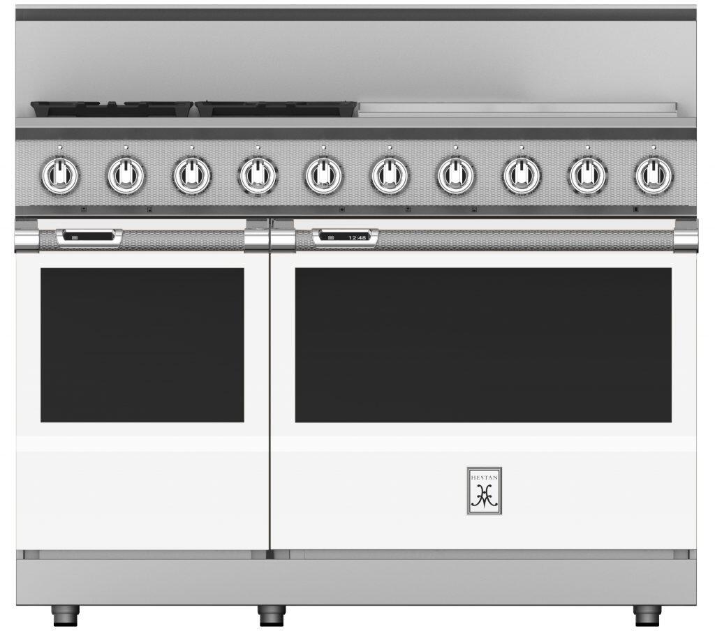 Hestan 48 Inch 4 Burner with 24 Inch Griddle Dual Fuel Double Oven Range Front View WH
