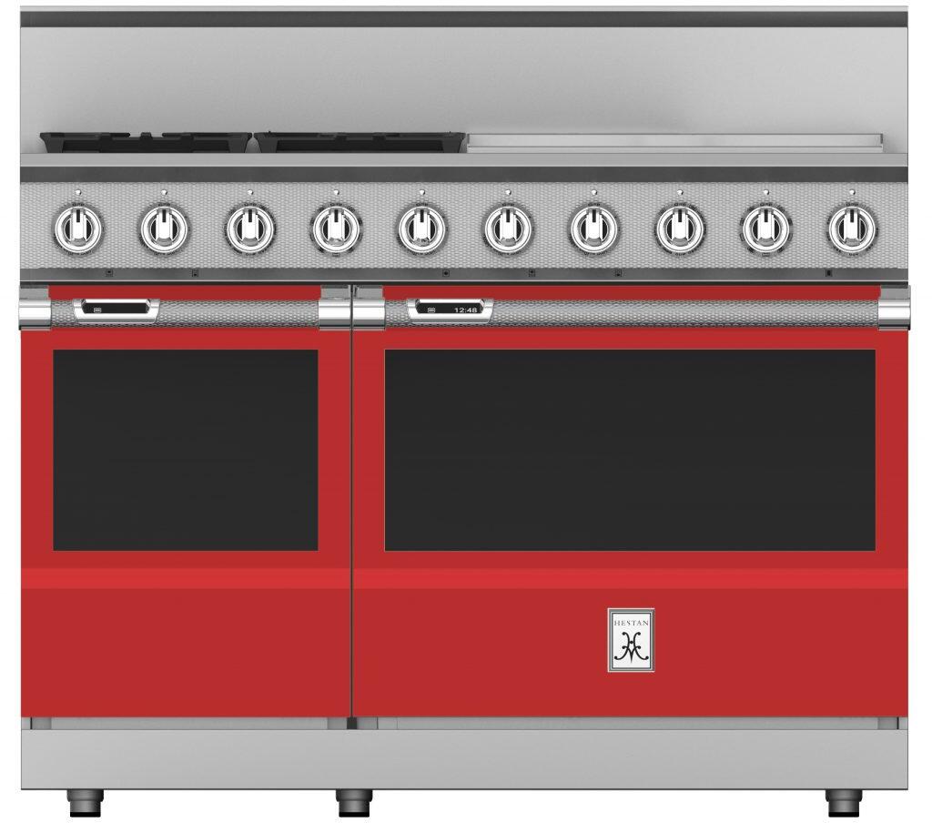 Hestan 48 Inch 4 Burner with 24 Inch Griddle Dual Fuel Double Oven Range Front View RD