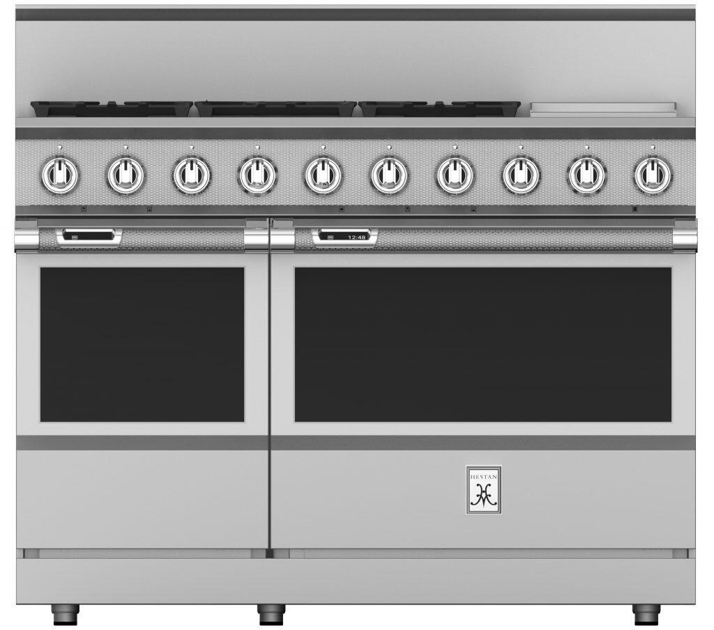 Hestan 48 Inch 5 Burner with Griddle Dual Fuel Double Oven Range Front View
