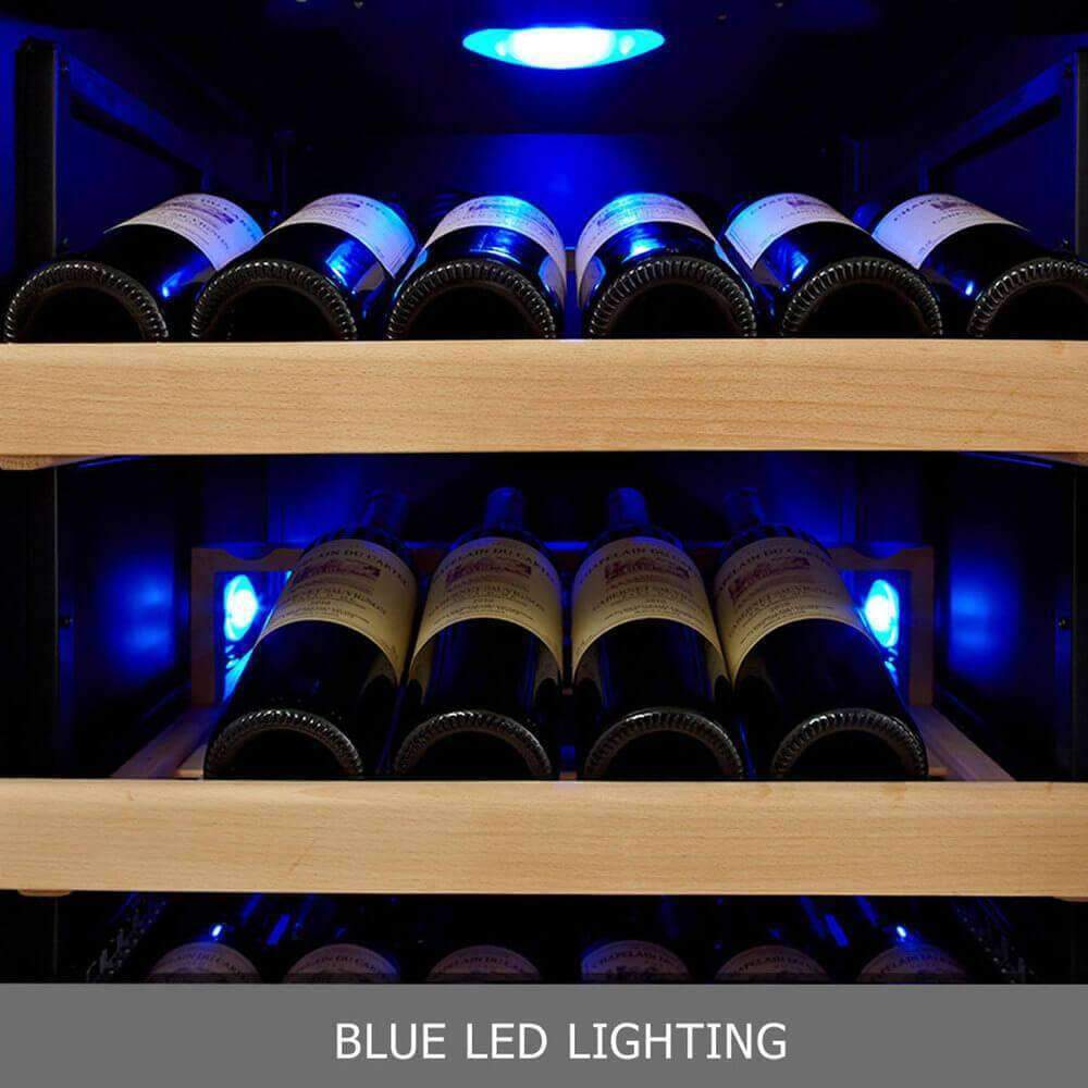 KingsBottle 164 Bottle Dual Zone Wine Cooler with blue LED interior lights.