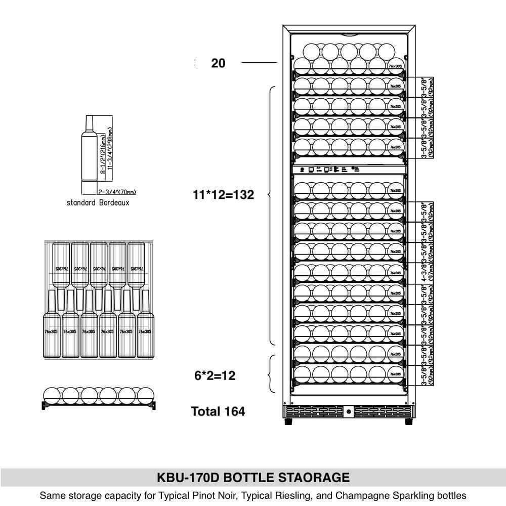 KingsBottle 164 Bottle Dual Zone Wine Cooler bottle storage diagram.