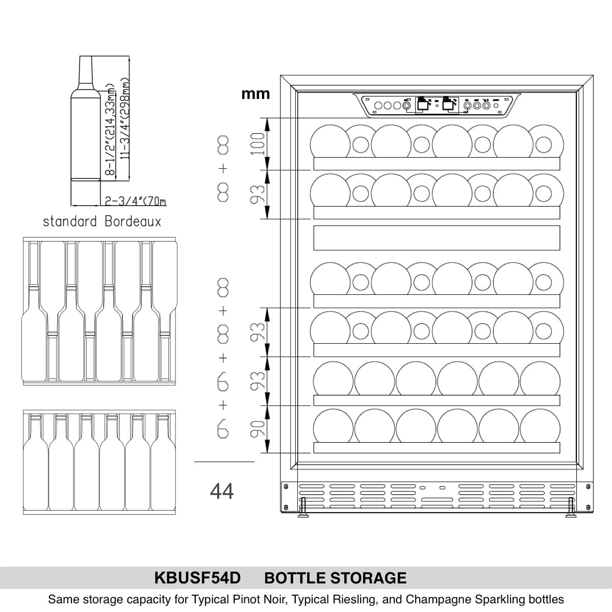 KingsBottle 44 Bottle Dual Zone Triple Glass Door Wine Cooler bottle storage diagram.
