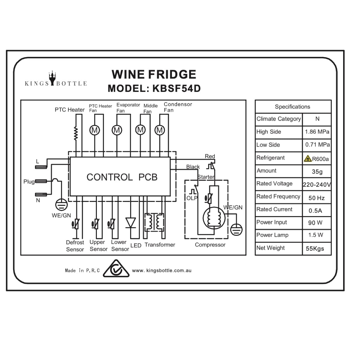 KingsBottle 44 Bottle Dual Zone Triple Glass Door Wine Cooler electrical and control board diagram.