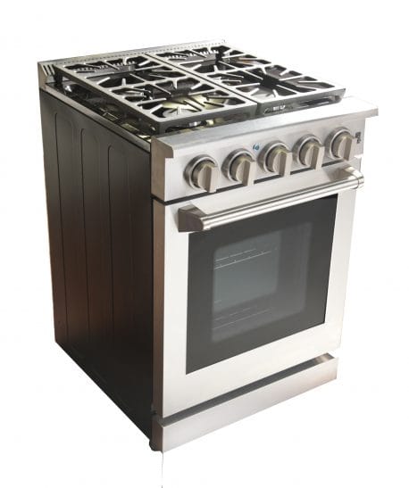 Kucht 24 Inch Single Oven Gas Range in stainless steel. View from above left.