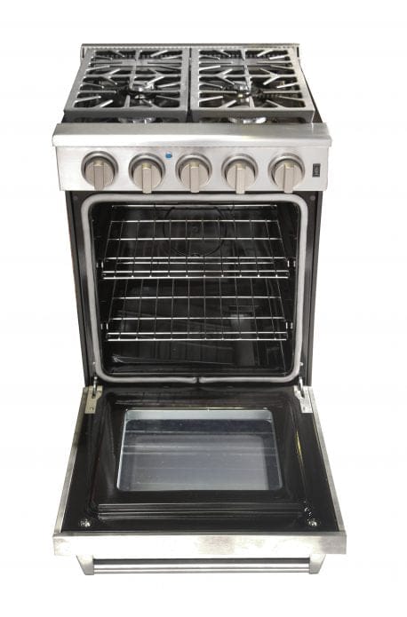 Kucht 24 Inch Single Oven Gas Range in stainless steel. Oven open.