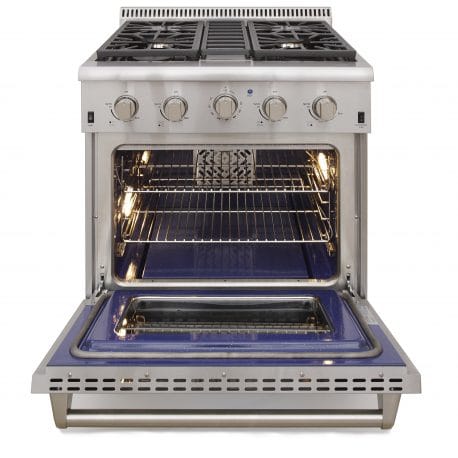 Kucht 30 Inch Single Oven Gas Range in stainless steel. Oven open.